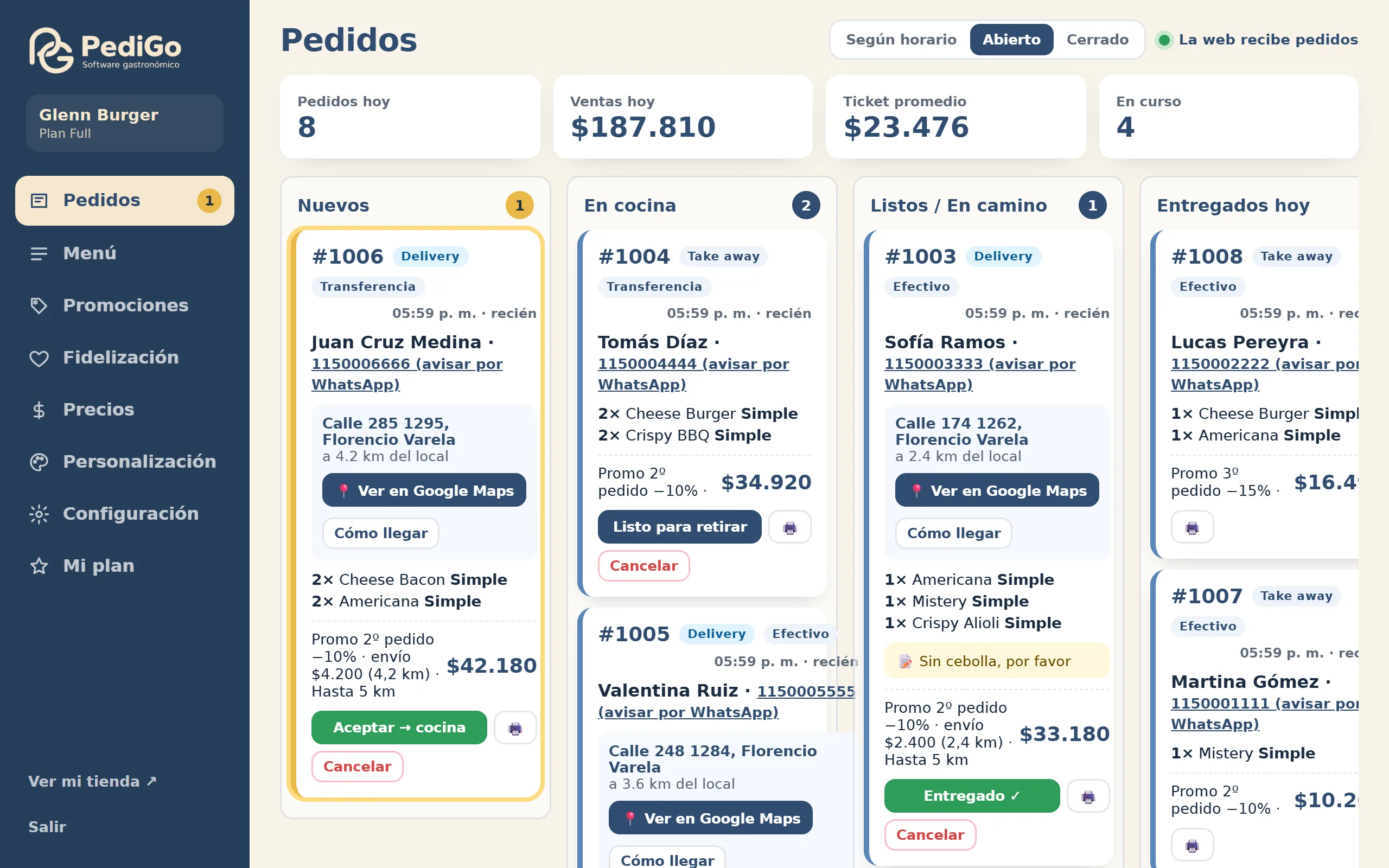 Panel de pedidos de PediGo