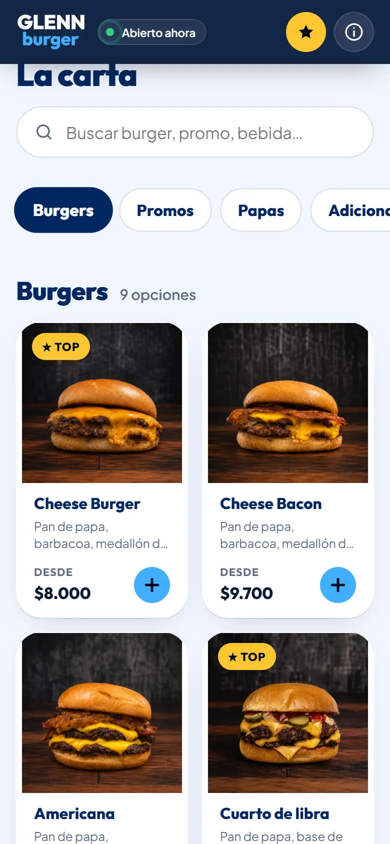Carta de una tienda en el celular, con fotos, precios y categorías